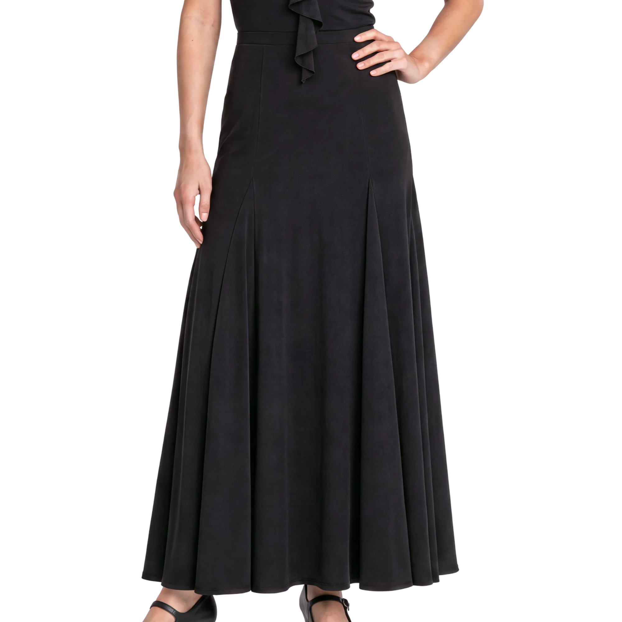 Flamenco Skirt for Women Melilla, Long Black 6-Godet Stretch Knit Dance Practice