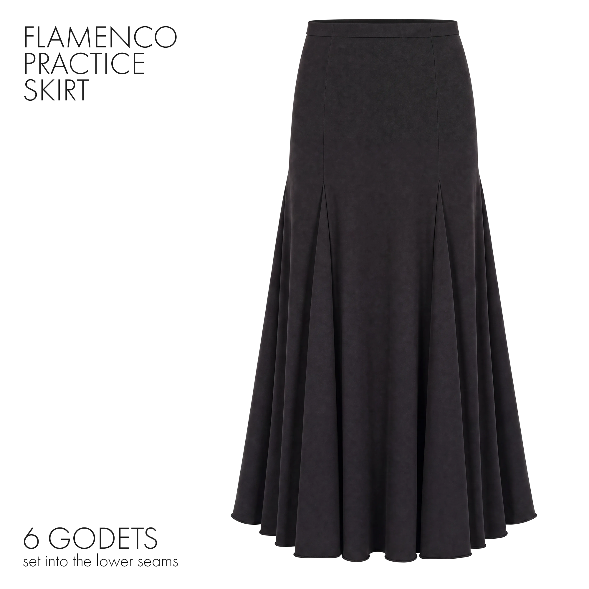 Flamenco Skirt for Women Melilla, Long Black 6-Godet Stretch Knit Dance Practice