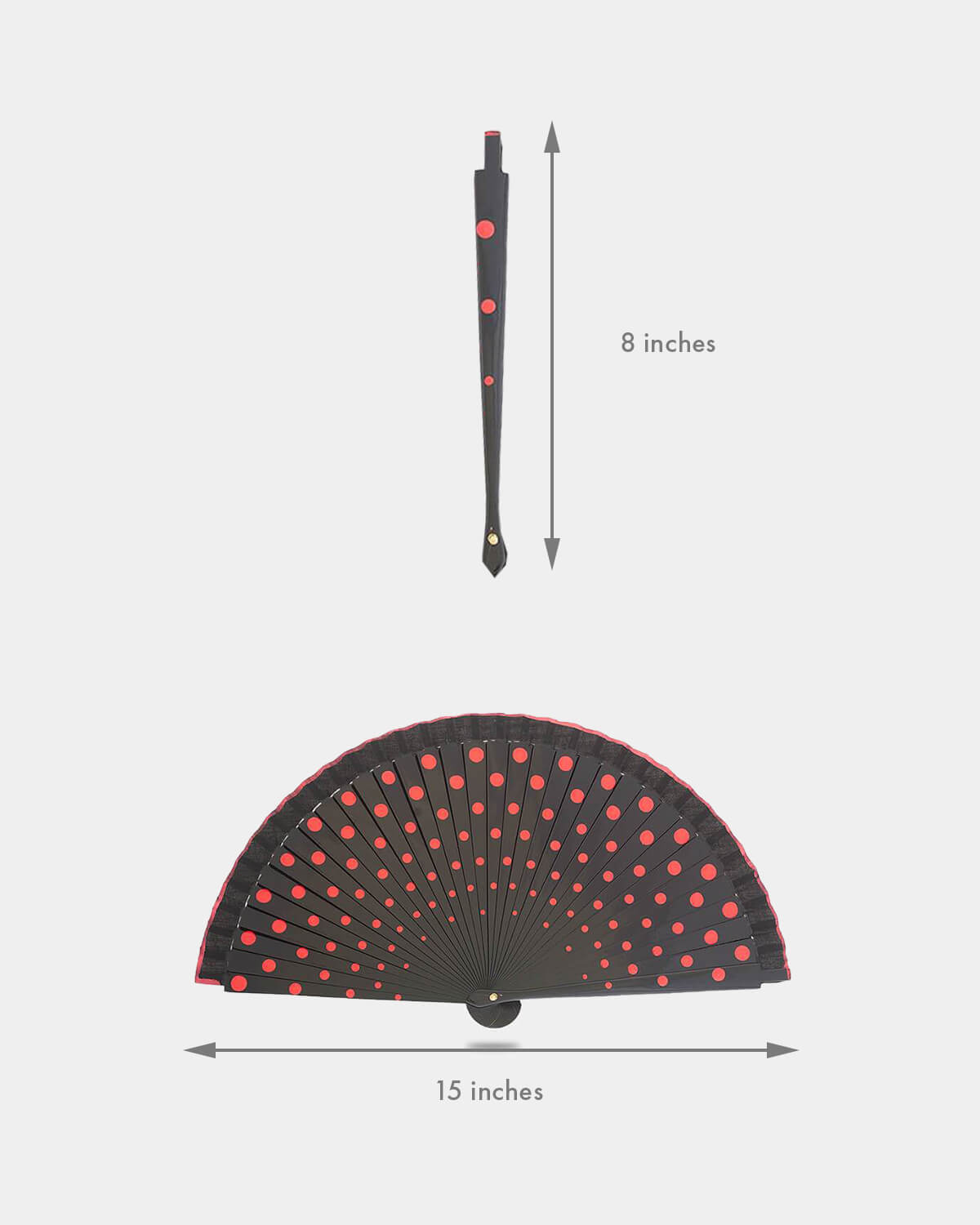 Flamenco wooden hand fan black with polka dots Lunares in red 8 inches (21 cm)