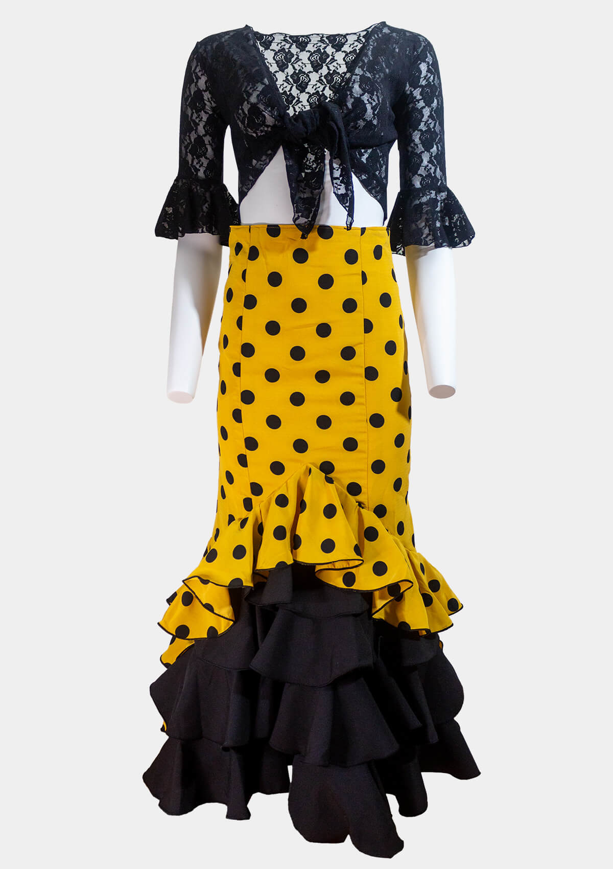 Polka Dot Rociera Flamenco Skirt Mustard Yellow with black Ruffles