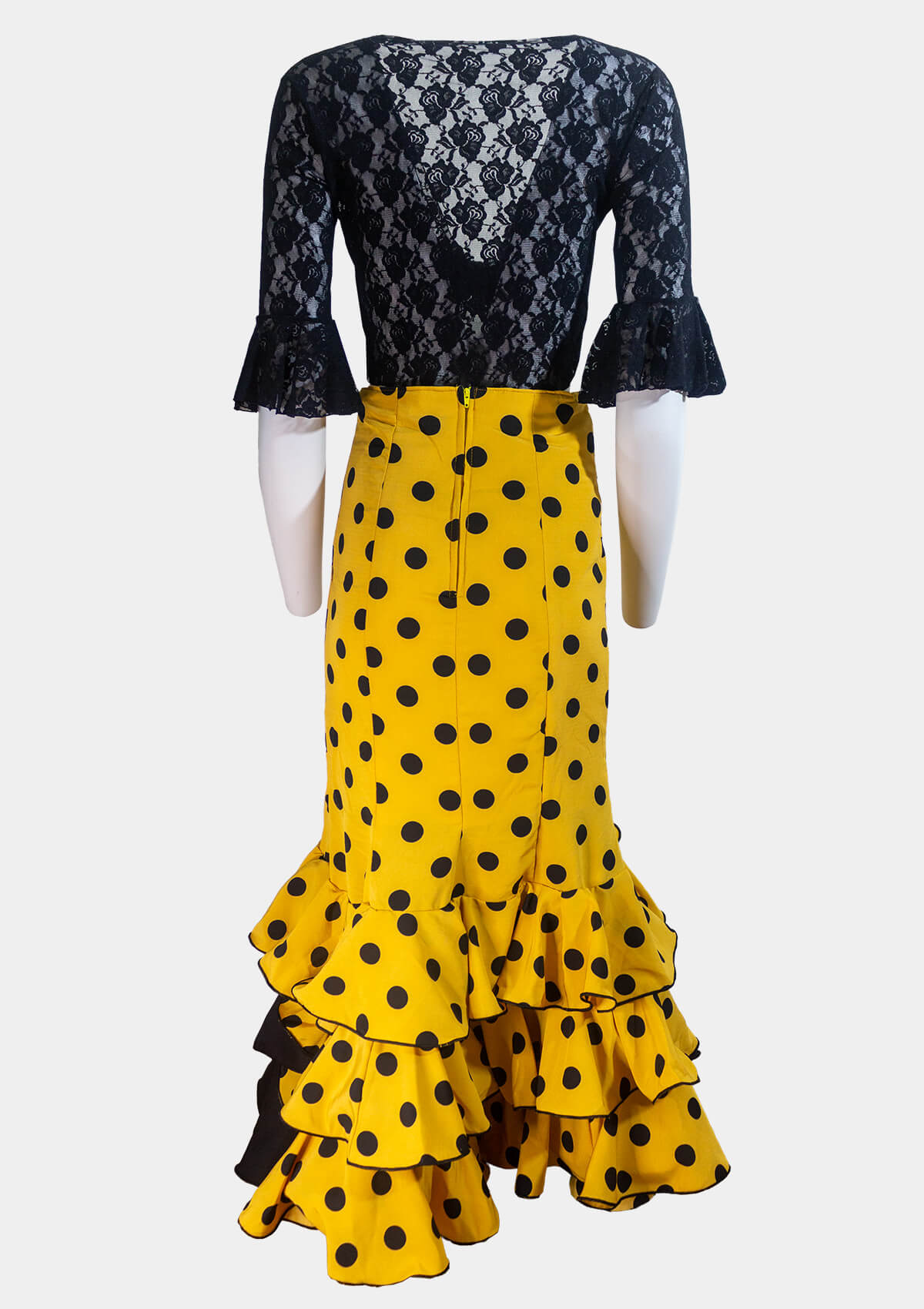 Polka Dot Rociera Flamenco Skirt Mustard Yellow with black Ruffles