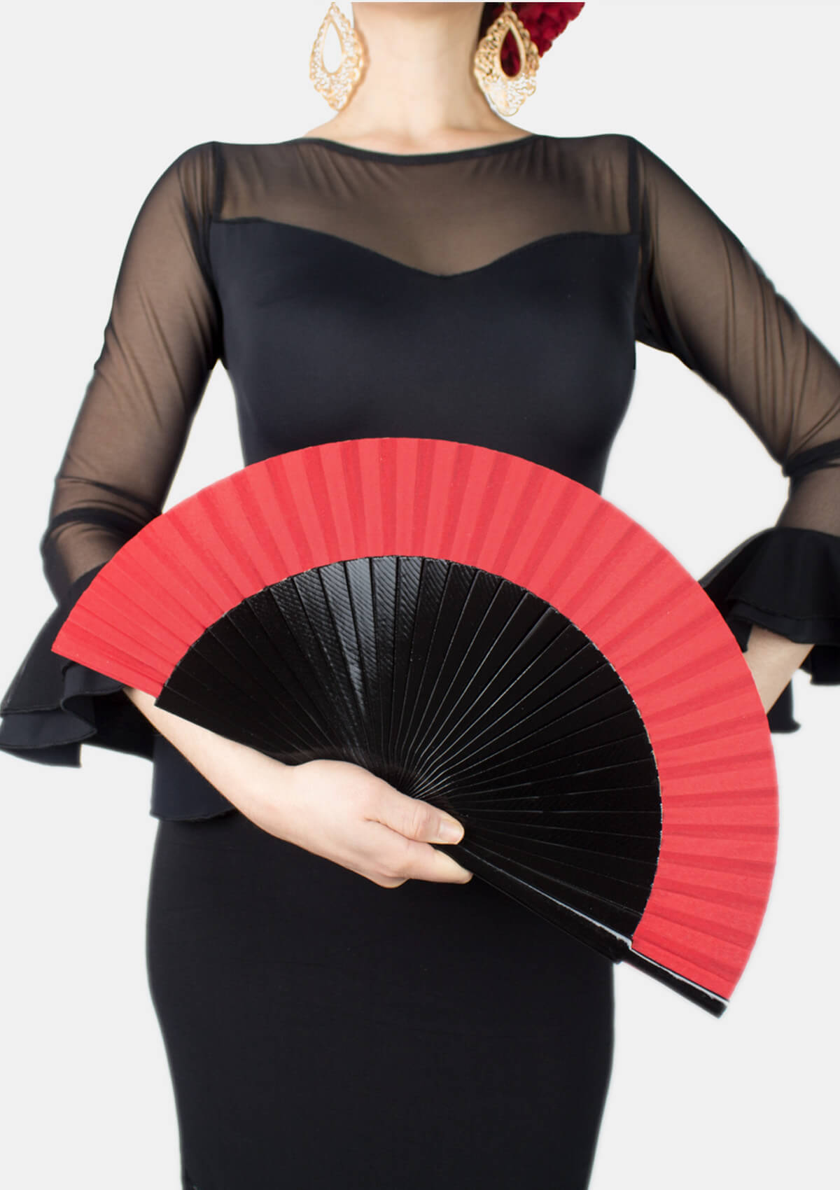 Spanish wooden black hand fan with red border