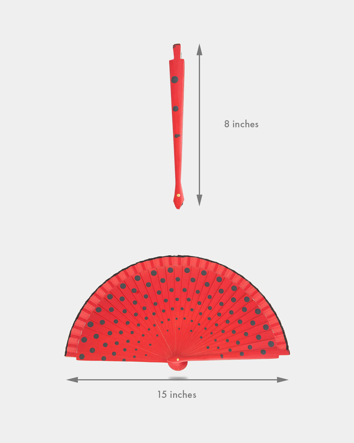 Flamenco wooden hand fan red with polka dots Lunares in black 8 inches (21 cm)