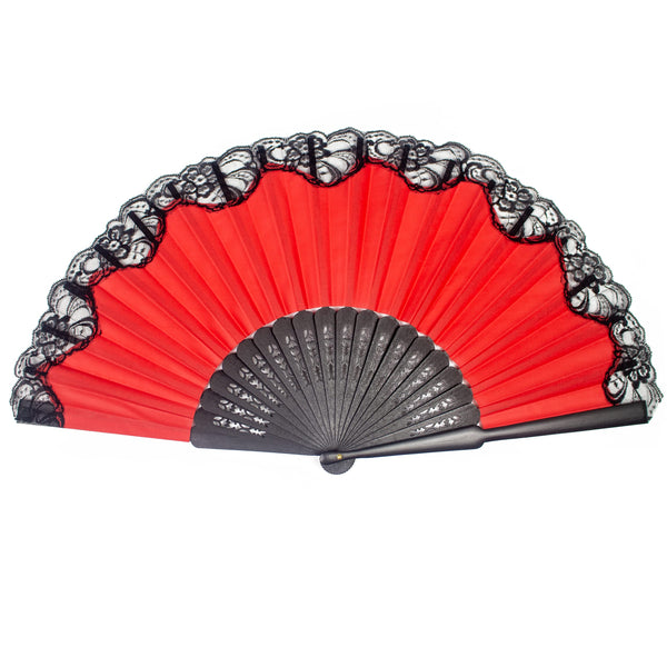Ole Ole Flamenco Spanish Hand Fan Pericon with Red with Black Lace Large Wooden Folding Handheld Flamenco Dance Fan Made in Spain with Carrying Pouch
