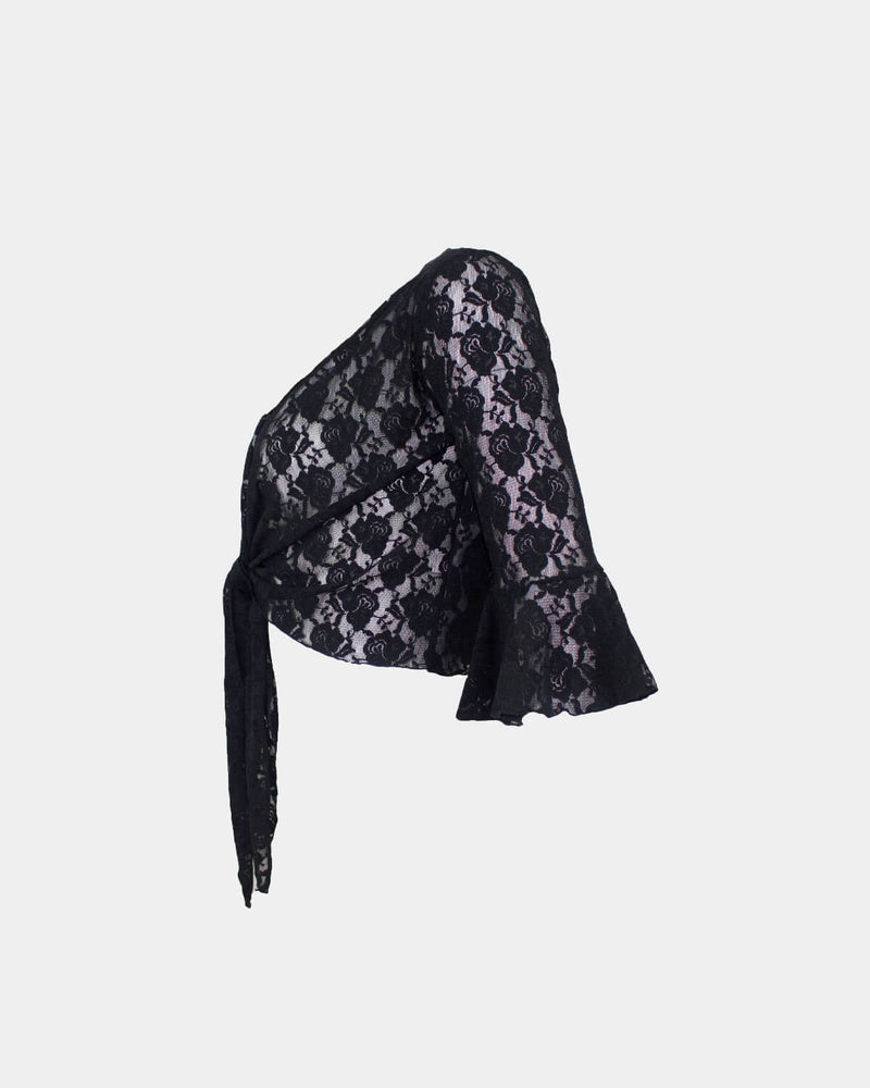 Black Lace Flamenco Blouse crossed with ruffle on the sleeves