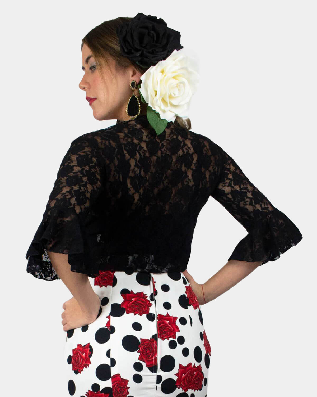 Black Lace Flamenco Blouse crossed with ruffle on the sleeves XS