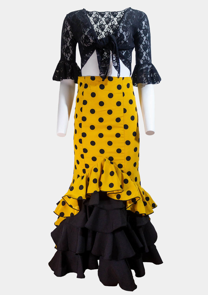 Ole Ole Flamenco Skirt Rociera Mustard Yellow and Black Polka Dot
