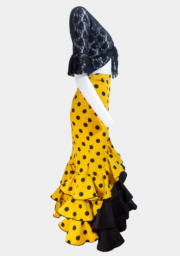 Polka Dot Rociera Flamenco Skirt Mustard Yellow with black Ruffles