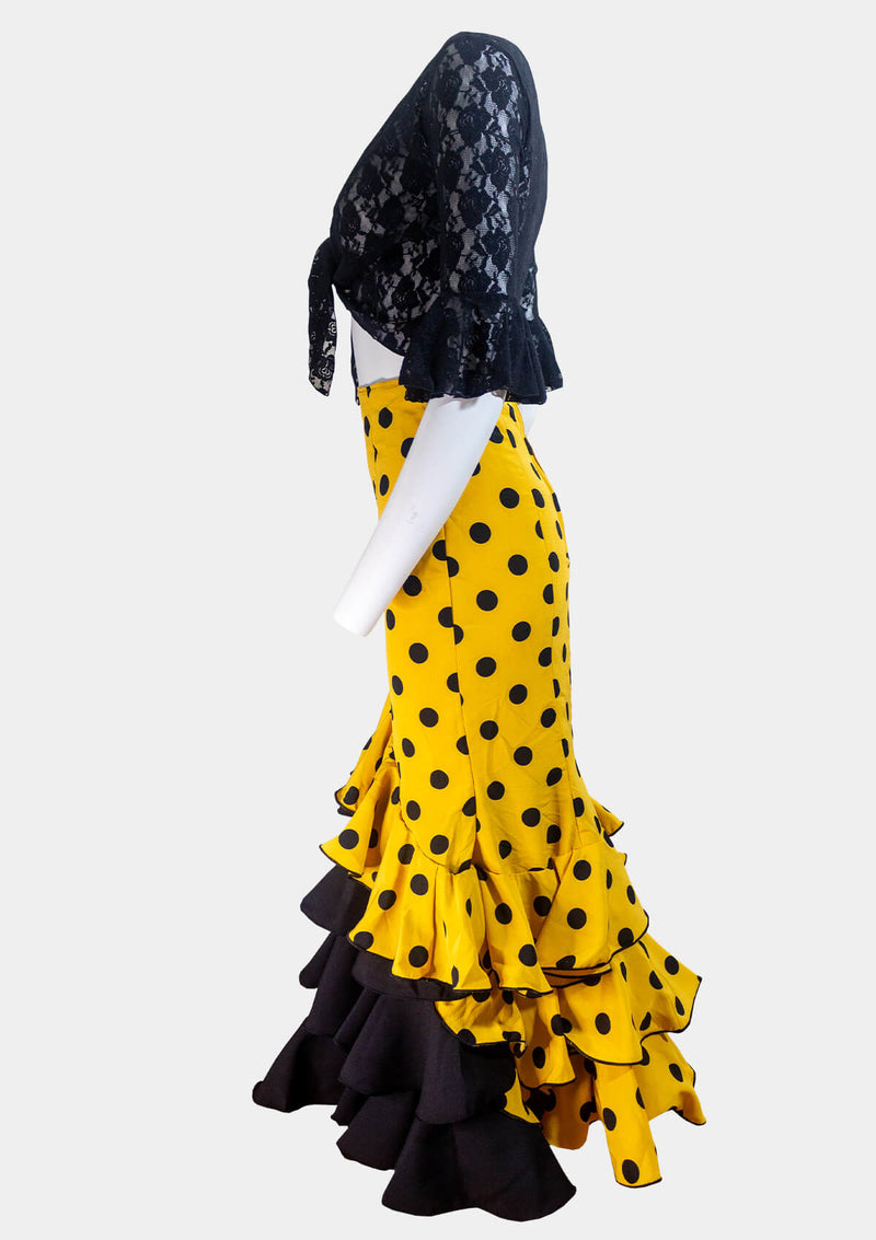 Polka Dot Rociera Flamenco Skirt Mustard Yellow with black Ruffles